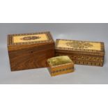 A selection of three Tunbridge ware boxes, to include a rosewood tea caddy, an unusual olivewood