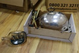 A silver plated meat dome, brass and copper measures, ship in a bottle, mixed collectables