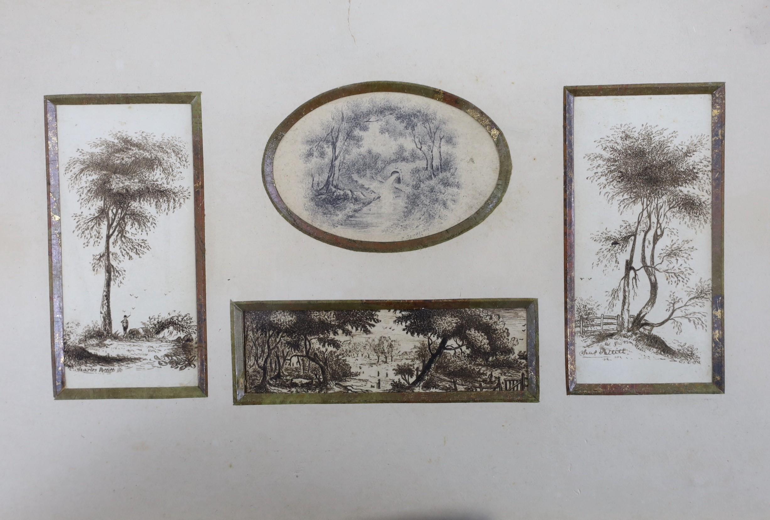 Catherine Spooner c.1850, pen and ink, Landscape vignettes, signed, largest 7 x 3.5cm, framed as