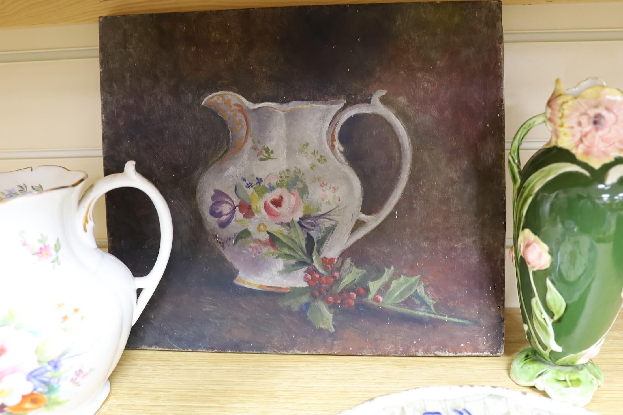 An early Victorian bone china jug, 19.5cm tall, related oil on canvas, three plates and - Image 7 of 7