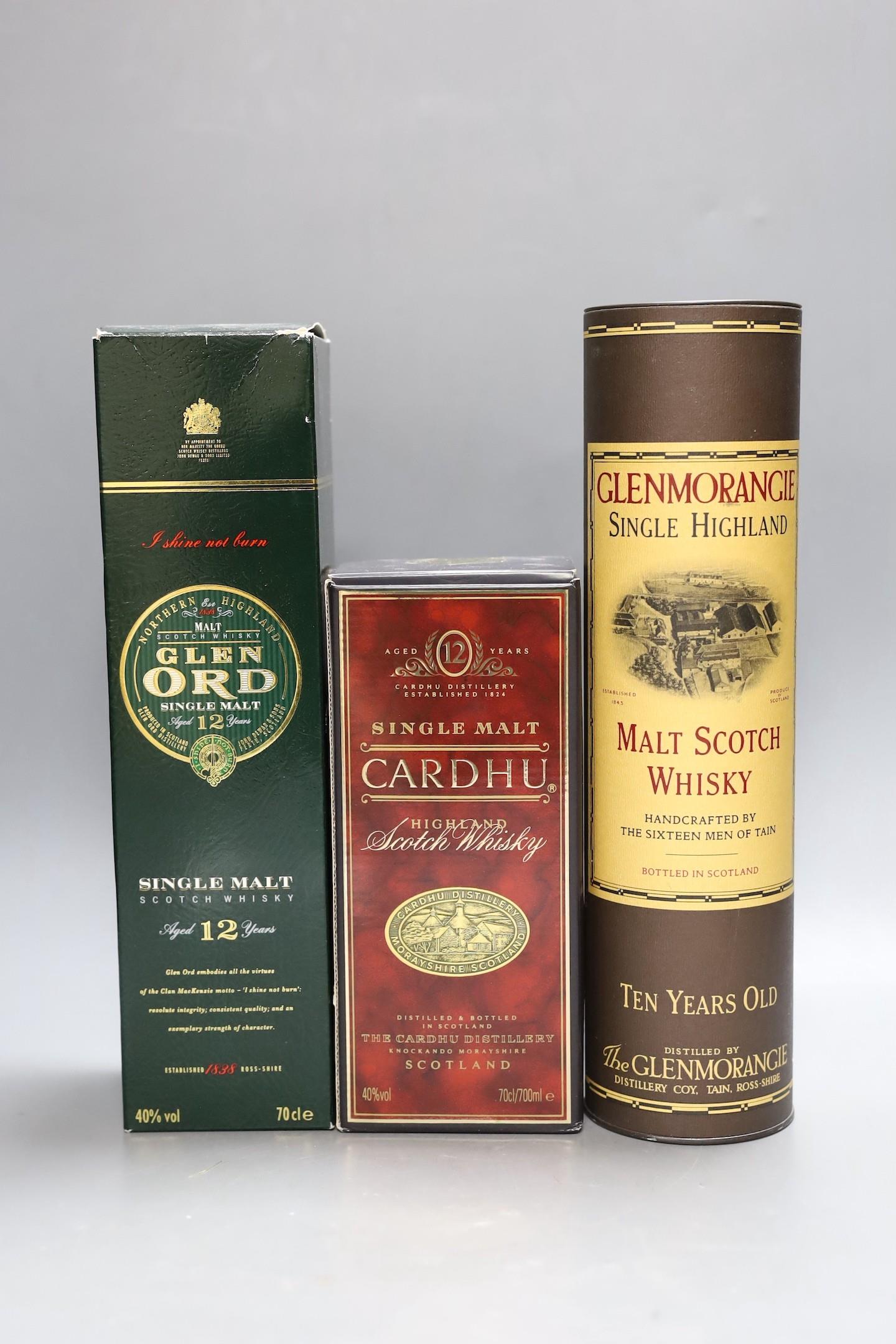 Three assorted bottles of Whisky: Cardhu, Glen Ord and Glenmorangie
