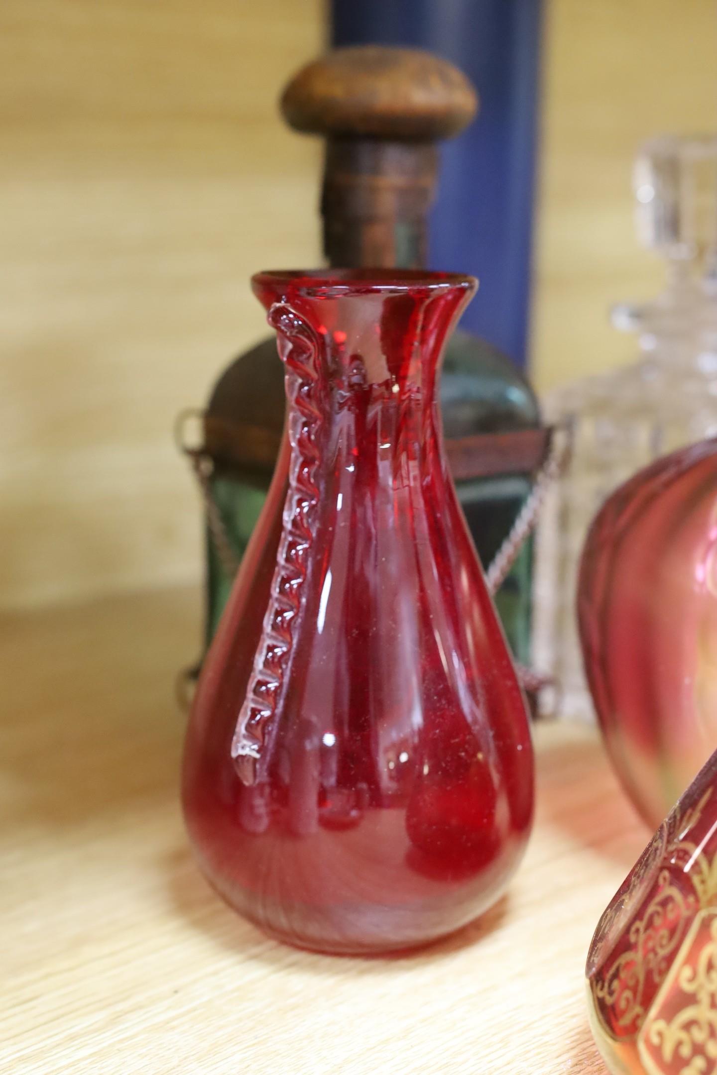 A pair of Bohemian gilded ruby glass decanters and stoppers, a Bohemian ‘millefiori paperweight’ - Image 4 of 5