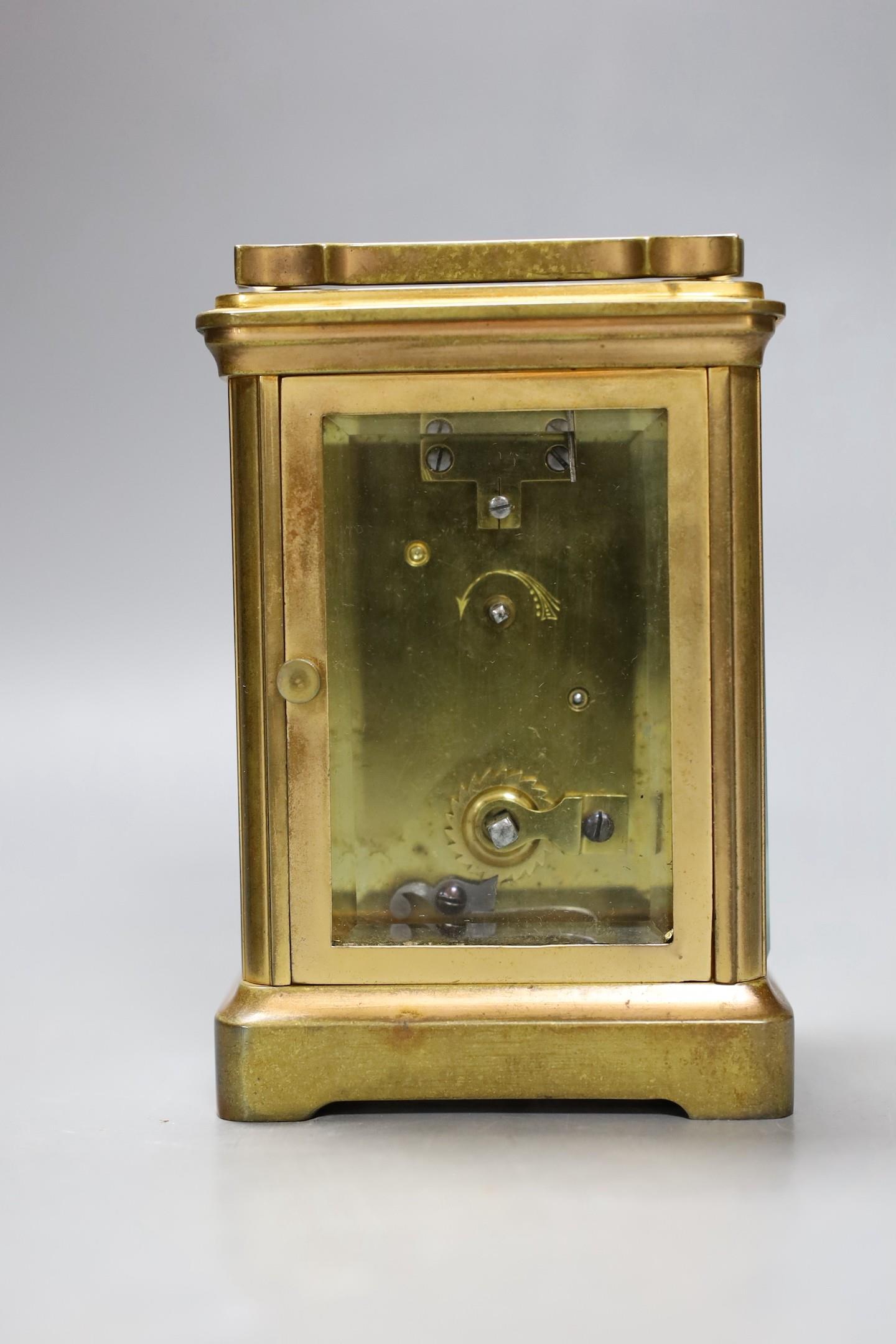 A leather cased brass carriage timepiece. 13cm tall - Image 3 of 5