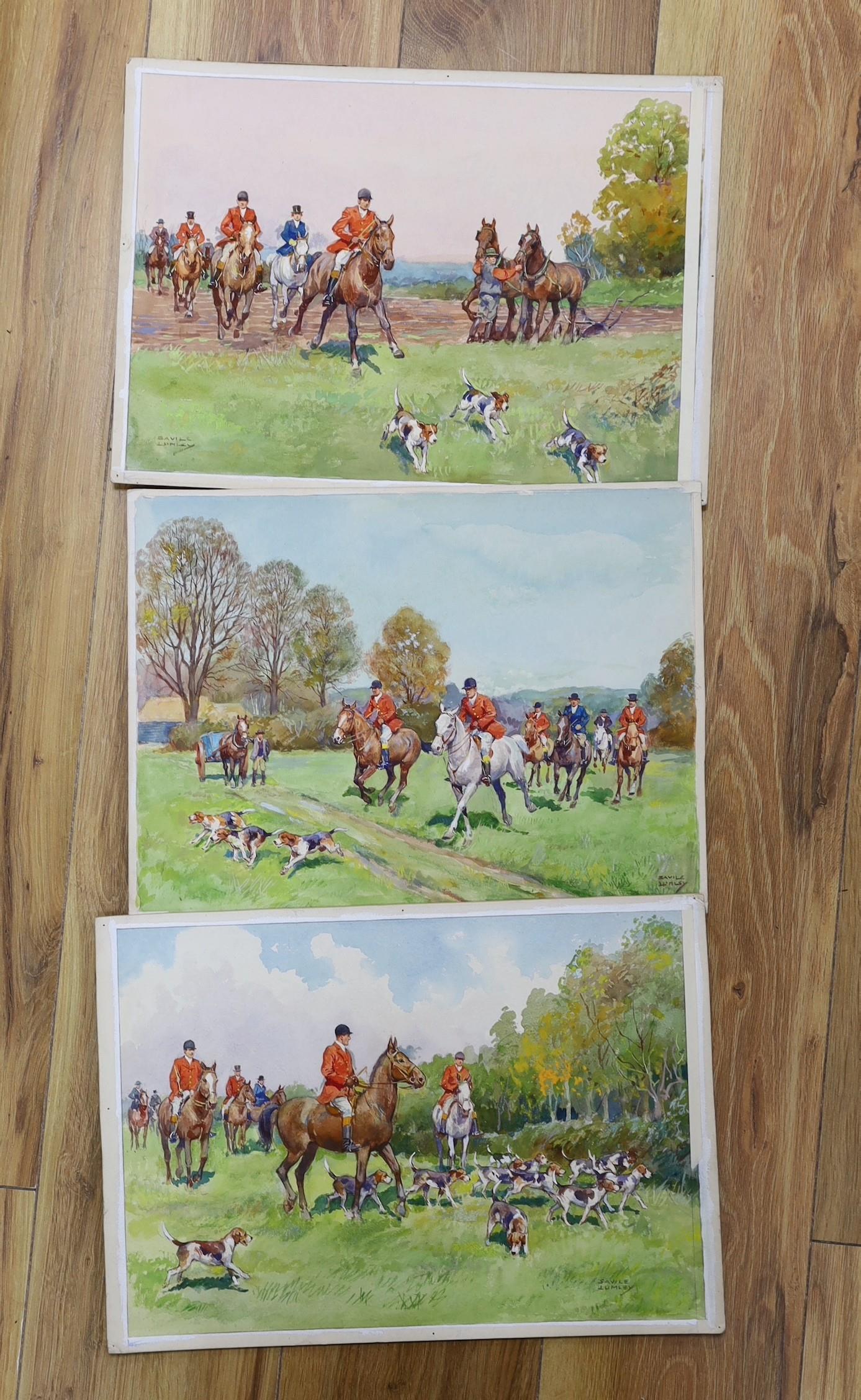 Savile Lumley (1876-1960), three watercolours, Hunting scenes, signed, 26 x 35cm, unframed