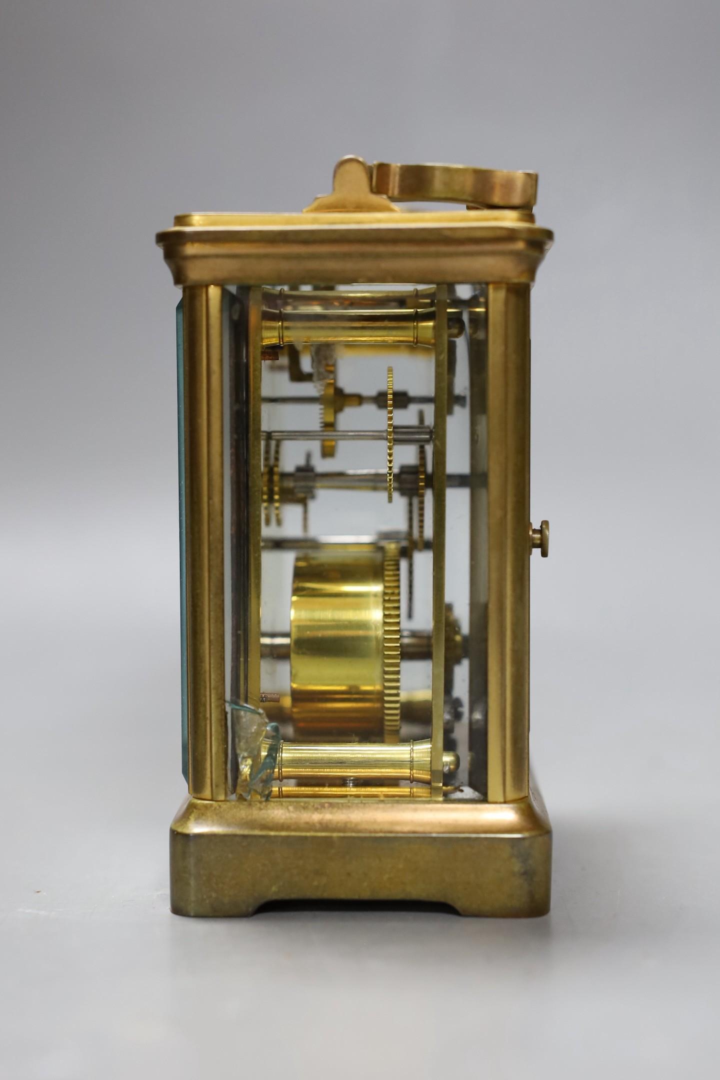 A leather cased brass carriage timepiece. 13cm tall - Image 2 of 5
