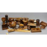 A selection of small Tunbridge ware sewing related items, boxes, letter opener, watch holder, napkin