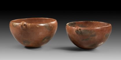 Two hemispherical bowls with little loop-handle of the Mottled Red Polished Ware.