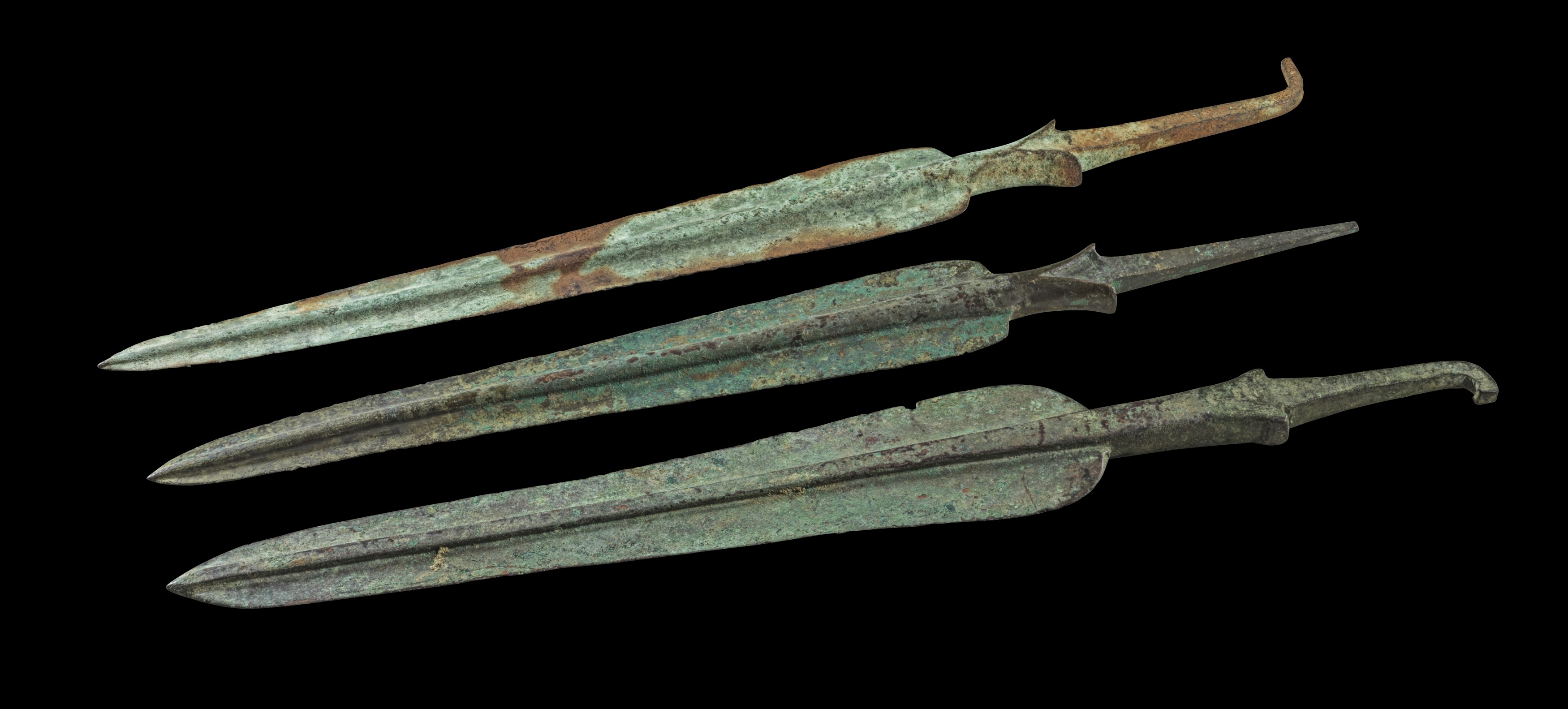 Collection of bronze cast spear heads.