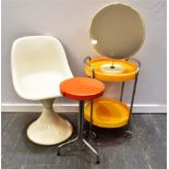 A MIXED COLLECTION OF RETRO FURNITURE including a tulip style swivel armchair, stool with circular