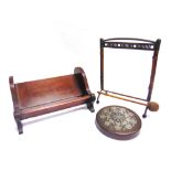 MAHOGANY BOOK TROUGH H 16.5cm x W 30.5cm x D 20cm, together with a table gong and striker, H 31cm (