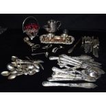 AN INTERESTING COLLECTION OF SILVER AND SILVER PLATE White metal and EPNS items to include two small