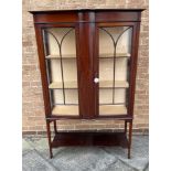 MAHOGANY TWO DOOR DISPLAY CABINET with two fitted shelves and under tier below, H 168cm x W 107cm