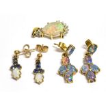 A COLLECTION OF OPAL AND DIAMOND JEWELLERY comprising an unmarked 18ct gold diamond set opal pendant