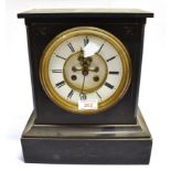 A VICTORIAN SLATE MANTLE CLOCK WITH VISIBLE ESCAPEMENT the 8-day movement striking on a bell,
