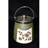 A JAMES MACINTYRE & CO EP MOUNTED BISCUIT BARREL of tapering cylindrical form, decorated in the