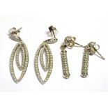TWO PAIRS OF WHITE GOLD AND DIAMOND EARRINGS one pair of double openwork marquise shape, marked