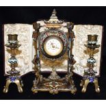 A LATE VICTORIAN/EDWARDIAN THREE PIECE CLOCK GARNITURE with cloisonne decoration, the globe shaped