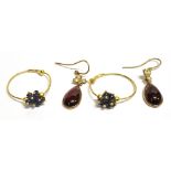 A PAIR OF 18CT SAPPHIRE HOOP EARRINGS and a pair of seed pearl and garnet glass earrings, sapphire
