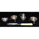 A COLLECTION OF SILVER CRUETS AND DISHES Together with a silver bladed fish knife, weighable