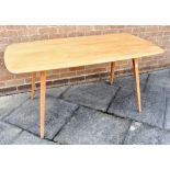 AN ERCOL PLANK TOP DINING TABLE MODEL 382 and set of six 'Goldsmith' spindle back Windsor dining