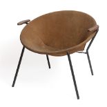 HANS OLSEN FOR LEA DESIGNS: a 'Balloon' chair, with circular suede seat and teak arms on a tubular