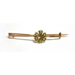 A 15CT GOLD SEED PEARL SET BAR BROOCH fitted with a C clasp, approx. 4.2cm, weight 1.6g approx.,