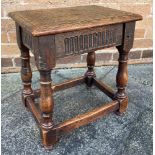 A CARVED OAK JOINT STOOL 40cm x 29cm, 46cm high Condition Report : wear and tear, old age related