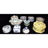 TEN VARIOUS FRENCH FAIENCE INKWELLS including a navette shaped twin inkwell example 16cm wide