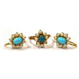 A PAIR OF STAMPED 9CT TURQUOISE STONE AND SEED PEARL SCREW ON EARRINGS And similar ring, the