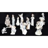 A GROUP OF THIRTEEN ASSORTED LLADRO FIGURES the largest 25cm high, together with a Royal Doulton