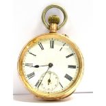 A YELLOW METAL OPEN FACED POCKET WATCH MARKED 14K The white enamel face anonymous with black roman