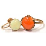 A 9CT GOLD ORANGE GLASS BOULE RING Together with a single 9ct gold opal screw on earring, the ring