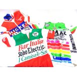 CYCLING - ASSORTED CLOTHING comprising three short-sleeve jerseys; two long-sleeved jerseys with zip