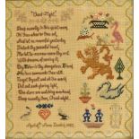 A SILKWORK SAMPLER, 1902 incorporating a 'Good-Night' verse and various motifs, including a lion