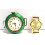 AN 18CT GOLD WATCH HEAD AND AN ENAMELED WHITE METAL WATCH HEAD The 18ct gold watch head marked