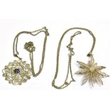 TWO VINTAGE WHITE METAL PENDANTS AND CHAINS Comprising of an Amethyst set openwork Marcasite pendant