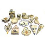 FRENCH FAIENCE: A MIXED COLLECTION including wall pockets, caddy, character jug, trefoil pin