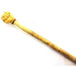 A WHALEBONE CANE 19th century, with a carved ivory knop in the form of a fist clenching a coiled