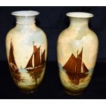 A PAIR OF WARDLE ART POTTERY VASES of baluster form with flared rims, decorated with fishing