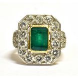 AN 18CT GOLD DIAMOND AND EMERALD COCKTAIL RING the octagonal plaque measuring 1.9cm by 1.6cm and