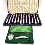 A CASED SET OF VICTORIAN SILVER AND MOTHER OF PEARL CAKE KNIVES AND FORKS together with a cased