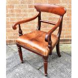 A MAHOGANY RAIL BACK CARVED CHAIR with leather upholstered seat, on turned supports Condition Report