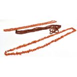 THREE NECKLACES Comprising two dog tooth coral lavalier necklaces, both 76cm in length; and a six