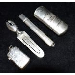 A COLLECTION OF SILVER AND METAL ITEMS comprising a silver vesta adapted for fob/pendant,
