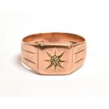 A STAR SET DIAMOND ROSE GOLD SIGNET RING The ring with grooved shoulders and shank marked for