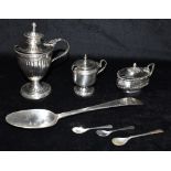 A COLLECTION OF SILVER Comprising an Irish Silver Bright cut spoon (9.5cm long) three silver