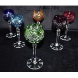 A SET OF SIX HOCK GLASSES WITH COLOURED GLASS BOWLS and facet cut stems, 19cm high Condition