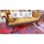 A REGENCY STYLE CARVED MAHOGANY FRAMED SOFA with shaped back and outscrolled arms, loose squab and