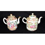 TWO CHINESE CANTON TEAPOTS decorated in the Famille verte palette with figures in court setting,