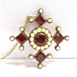 A VICTORIAN SEED PEARL AND GARNET PASTE TREFOIL CROSS BROOCH Brooch set in yellow metal with C clasp